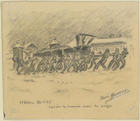 « Corvée de camion sous la neige ». Dessin de René Baumer