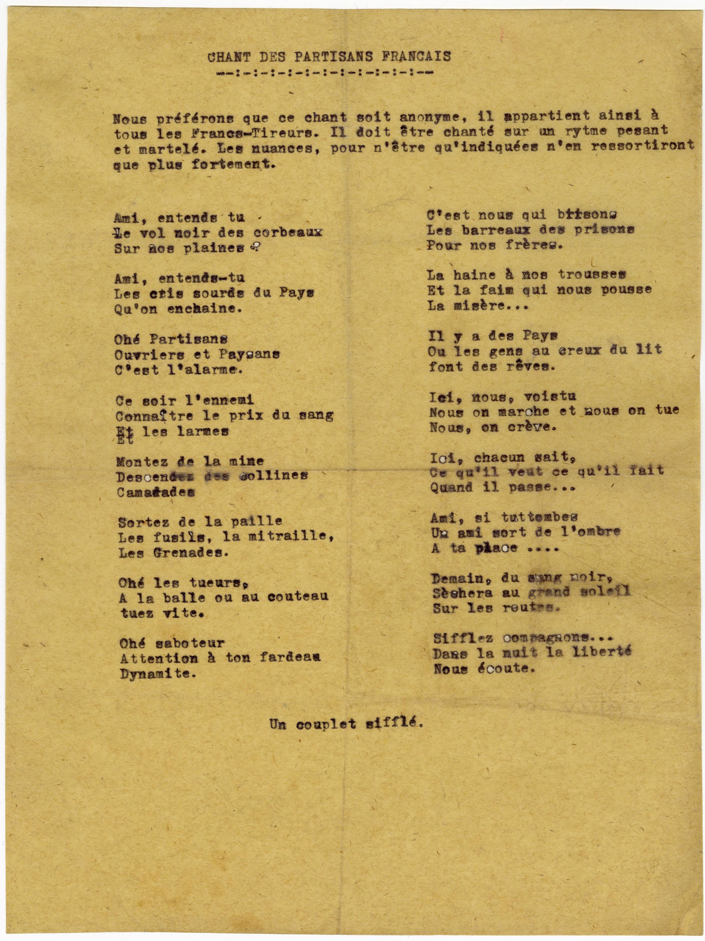 30 mai 1943 : Le Chant des Partisans . OOOOO